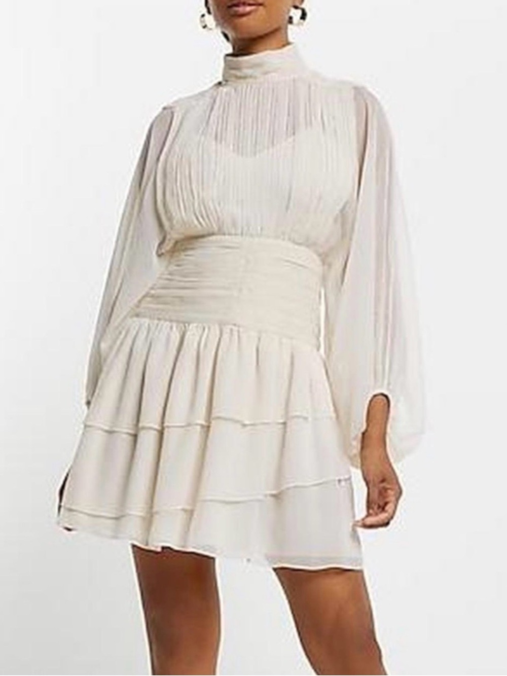 Express mock neck pleated waist tiered ruffle mini dress